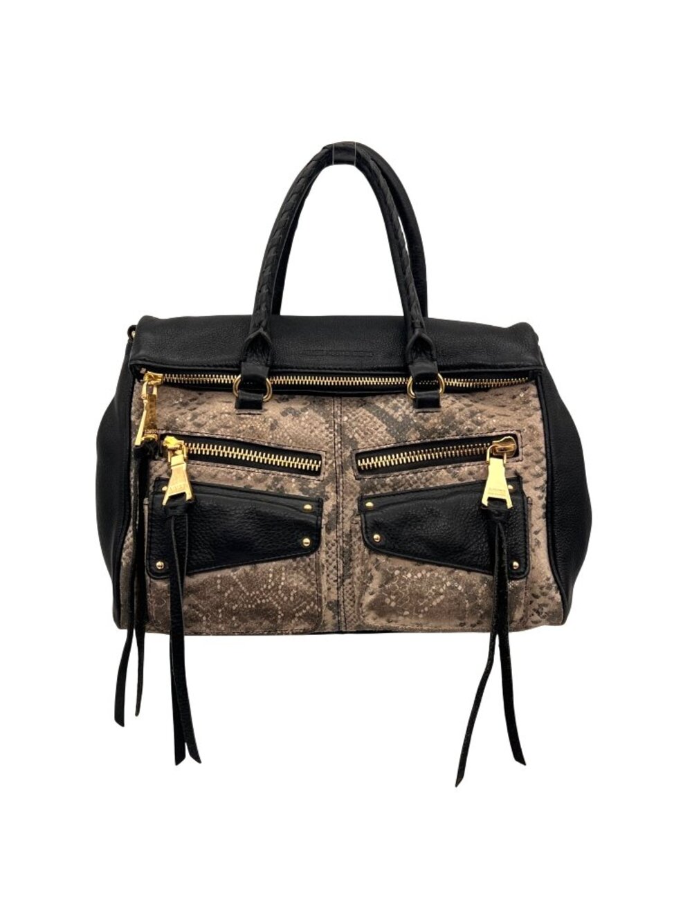 Aimee Kestenberg Snake Print & Black Leather Bag Purse 10 Zippered Compartments - Picture 1 of 16